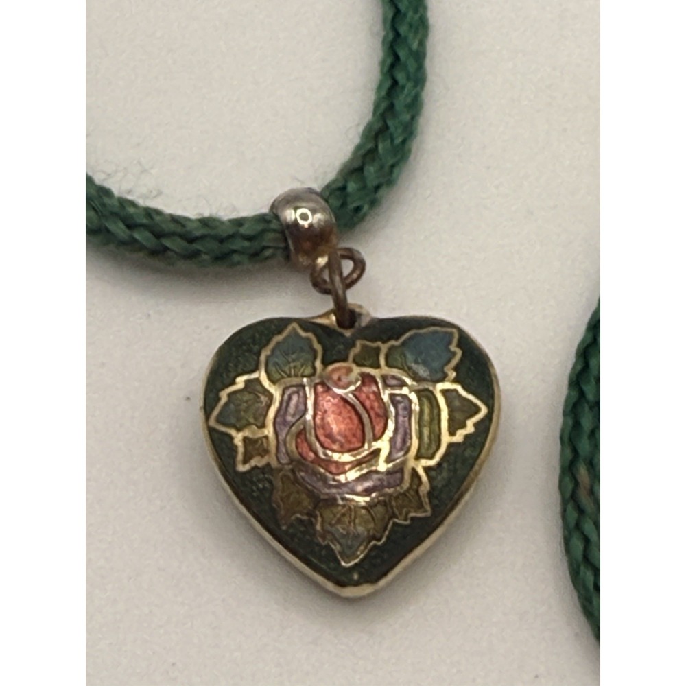 Vintage Cloisonné Heart Pendant on a Green Cord Necklace Double Sided 18"